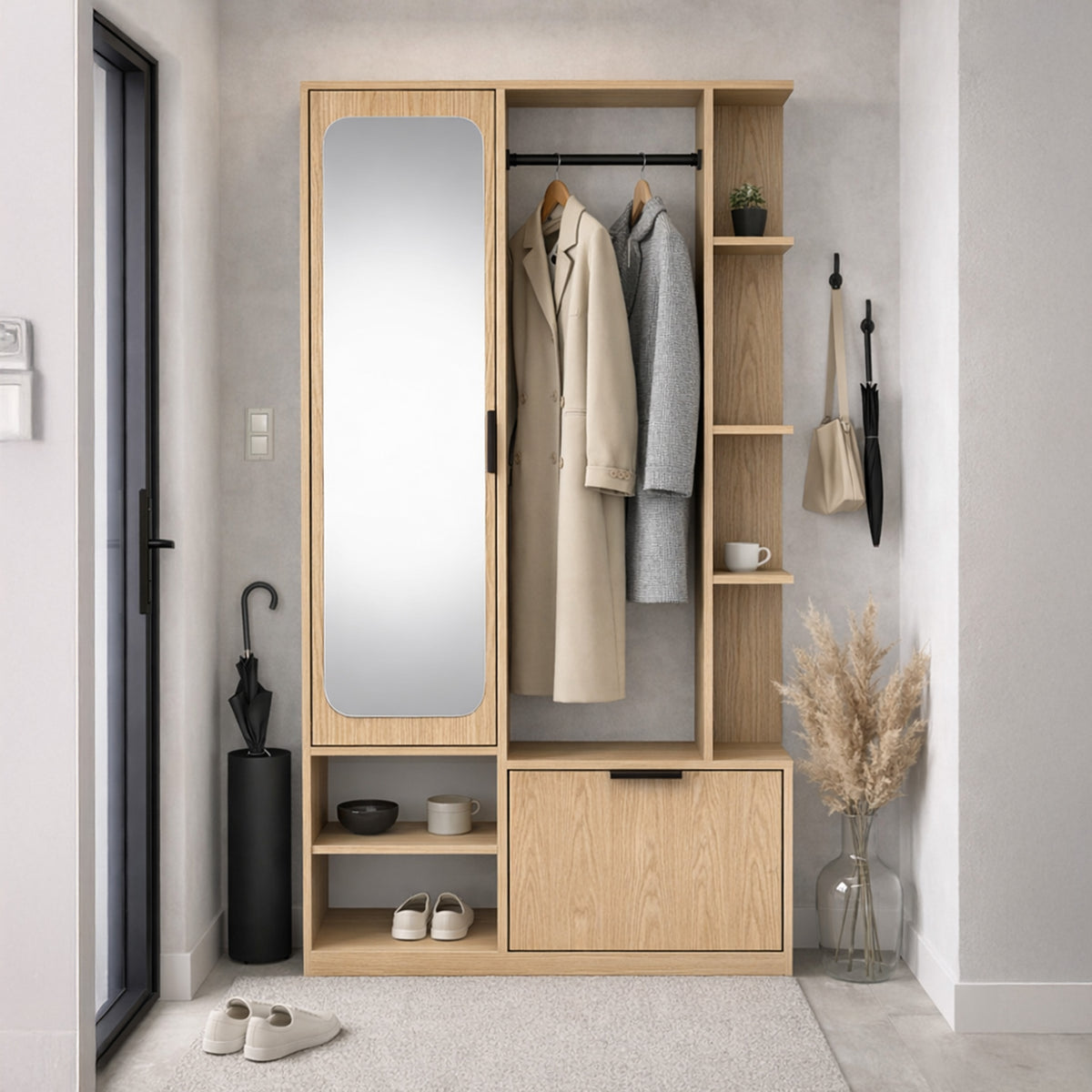 Ensemble d'entrée Nala avec miroir et tringle 100 cm chêne bookmatch