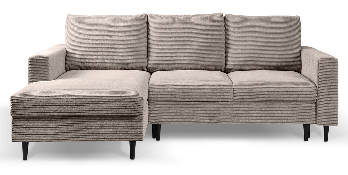 Canapé d'angle avec fonction couchage Nalika en velours côtelé beige, côté gauche, avec coffre de rangement