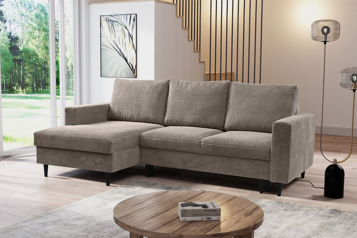 Canapé d'angle avec fonction couchage Nalika en velours côtelé beige, côté gauche, avec coffre de rangement