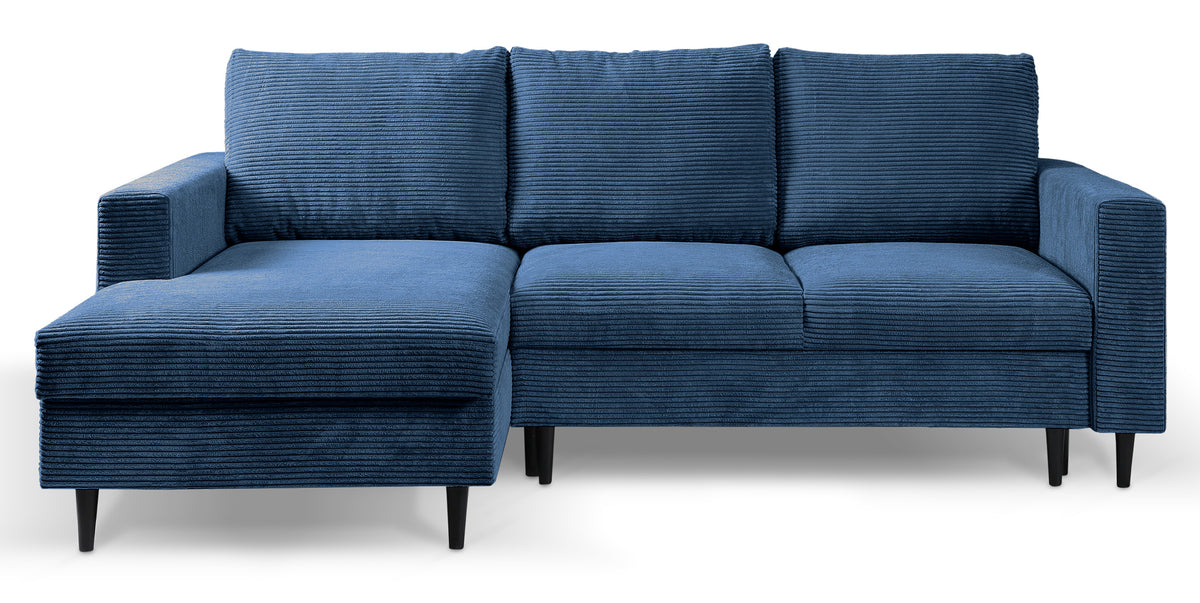 Canapé d'angle avec fonction couchage Nalika en velours côtelé bleu marine, rangement, modèle gauche