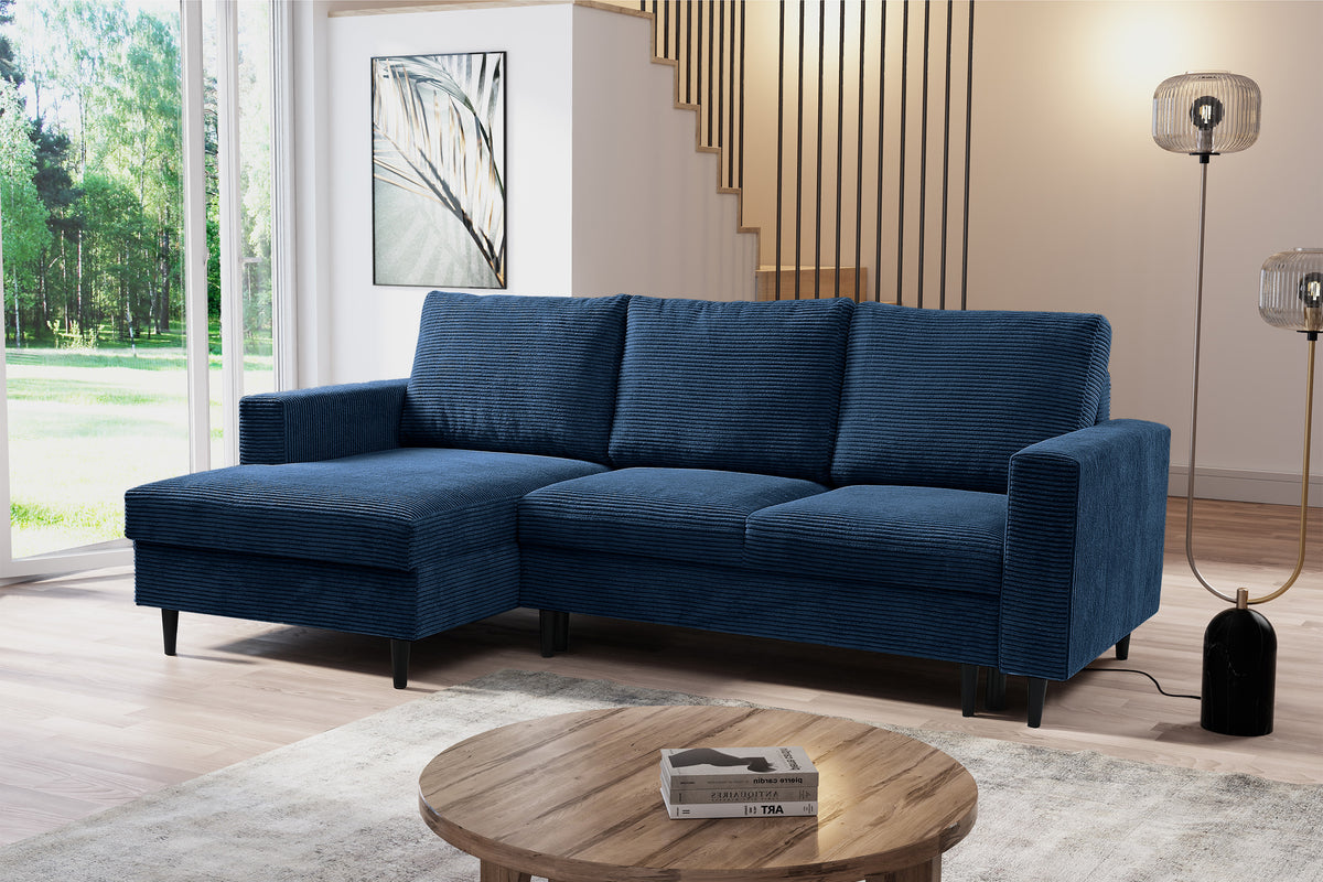 Canapé d'angle avec fonction couchage Nalika en velours côtelé bleu marine, rangement, modèle gauche