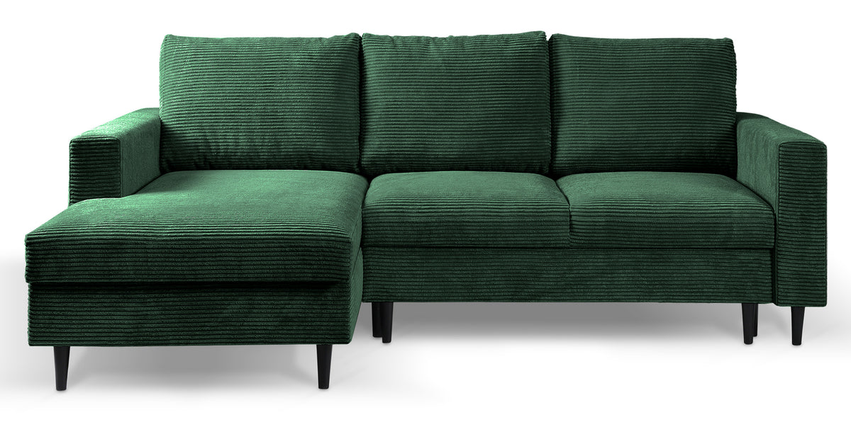Canapé d'angle avec fonction couchage Nalika en velours côtelé vert foncé, rangement, configuration gauche