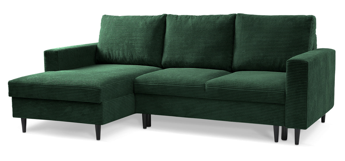 Canapé d'angle avec fonction couchage Nalika en velours côtelé vert foncé, rangement, configuration gauche
