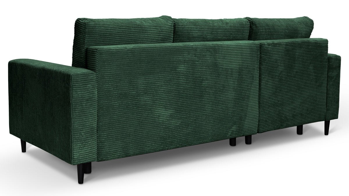 Canapé d'angle avec fonction couchage Nalika en velours côtelé vert foncé, rangement, configuration gauche