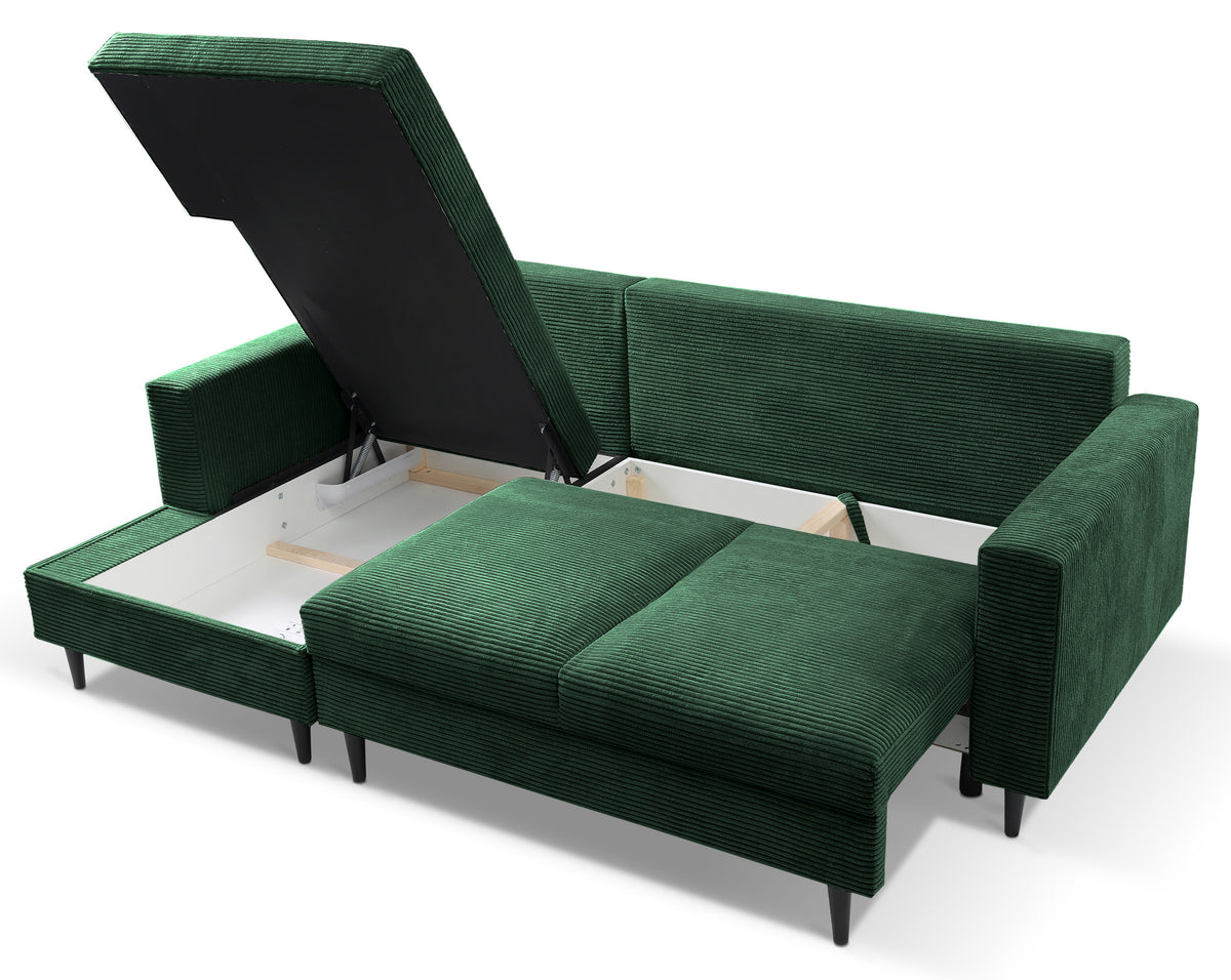Canapé d'angle avec fonction couchage Nalika en velours côtelé vert foncé, rangement, configuration gauche