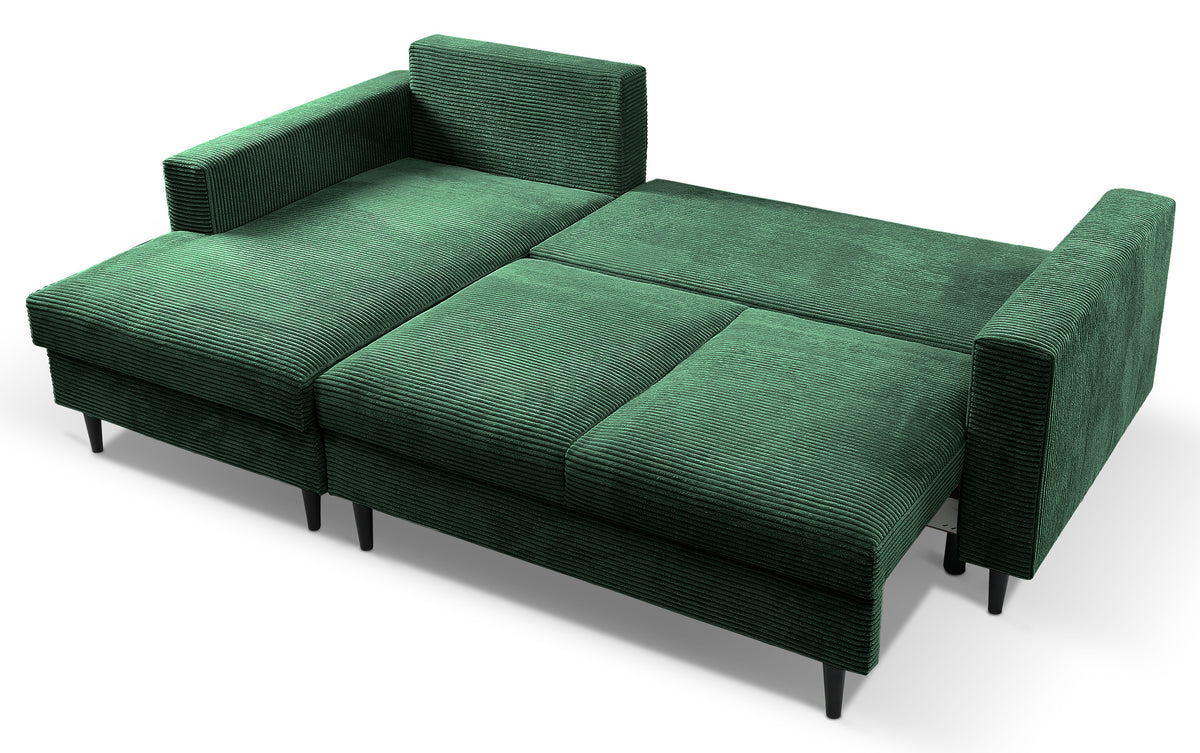 Canapé d'angle avec fonction couchage Nalika en velours côtelé vert foncé, rangement, configuration gauche