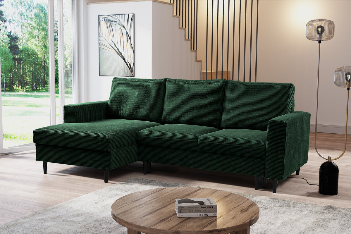 Canapé d'angle avec fonction couchage Nalika en velours côtelé vert foncé, rangement, configuration gauche