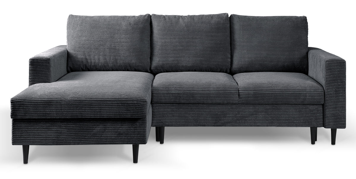 Canapé d'angle avec fonction couchage Nalika en velours côtelé gris foncé, côté gauche, avec coffre de rangement