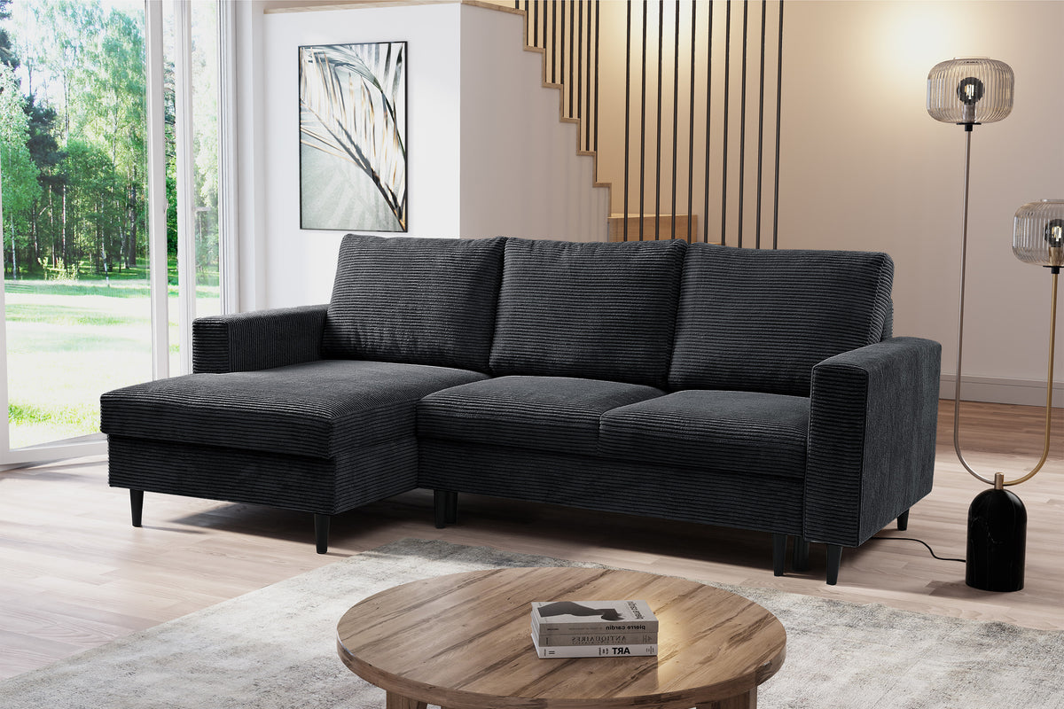 Canapé d'angle avec fonction couchage Nalika en velours côtelé gris foncé, côté gauche, avec coffre de rangement
