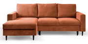 Canapé d'angle avec fonction couchage Nalika en velours côtelé cuivre, rangement, modèle gauche