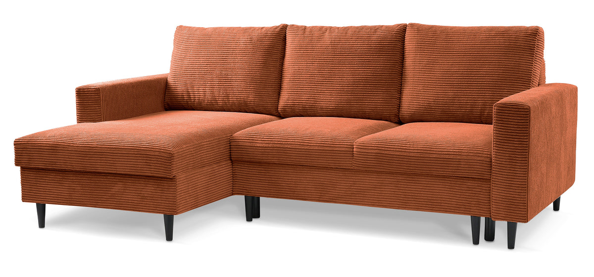 Canapé d'angle avec fonction couchage Nalika en velours côtelé cuivre, rangement, modèle gauche