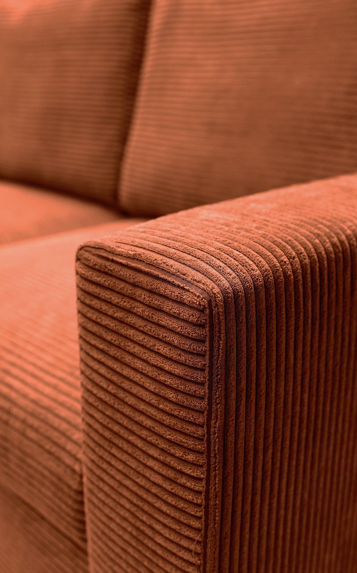 Canapé d'angle avec fonction couchage Nalika en velours côtelé cuivre, rangement, modèle gauche