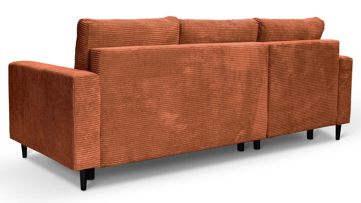 Canapé d'angle avec fonction couchage Nalika en velours côtelé cuivre, rangement, modèle gauche
