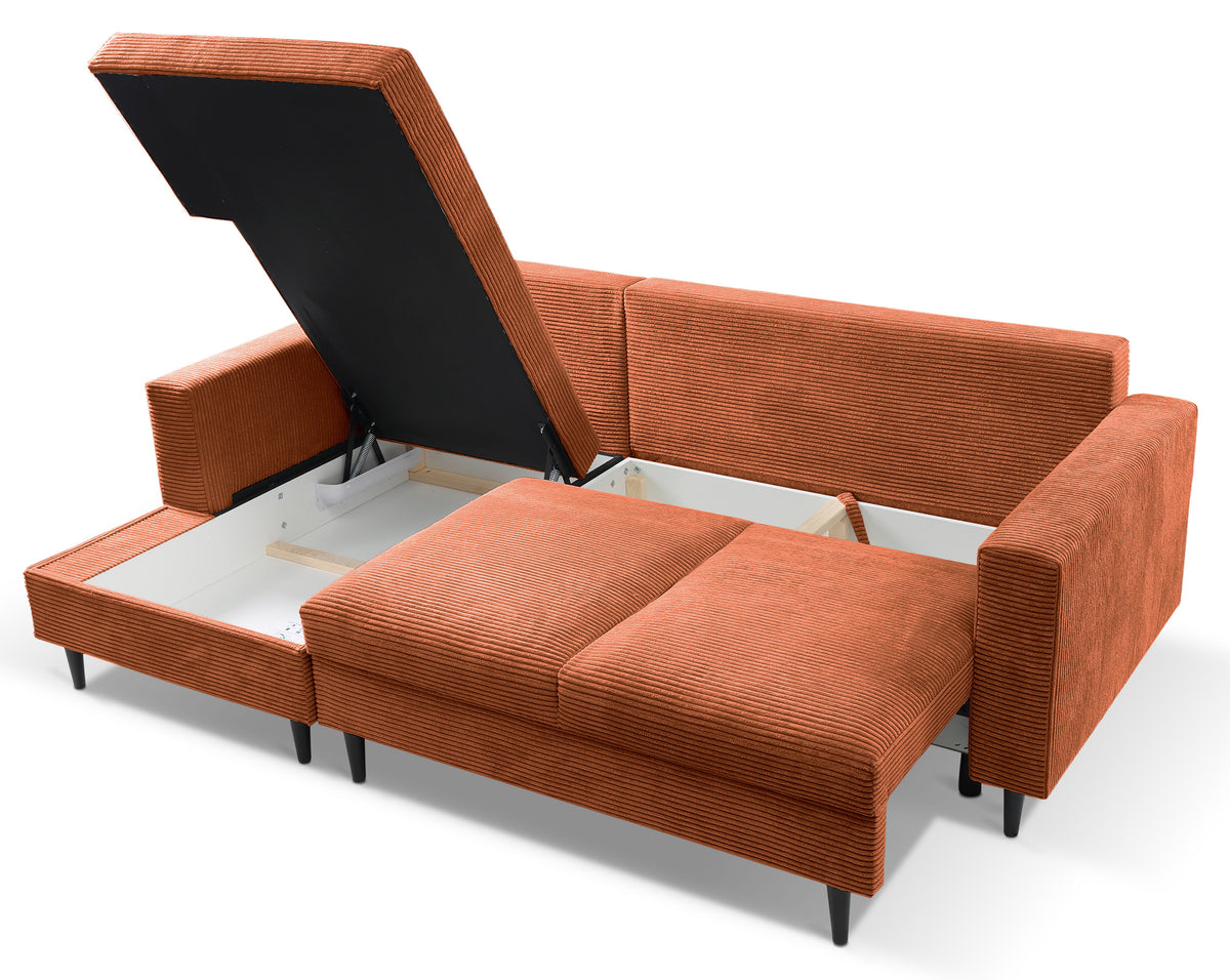 Canapé d'angle avec fonction couchage Nalika en velours côtelé cuivre, rangement, modèle gauche