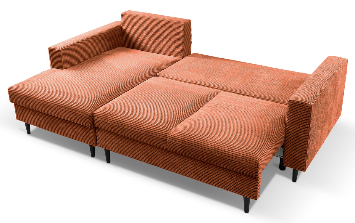 Canapé d'angle avec fonction couchage Nalika en velours côtelé cuivre, rangement, modèle gauche