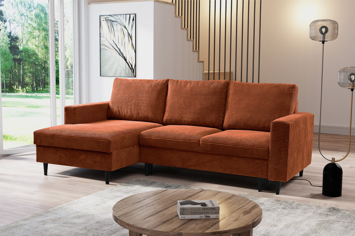 Canapé d'angle avec fonction couchage Nalika en velours côtelé cuivre, rangement, modèle gauche
