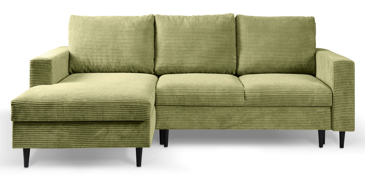 Canapé d'angle avec fonction couchage Nalika en forme de L avec rangement, velours côtelé pistache, version gauche