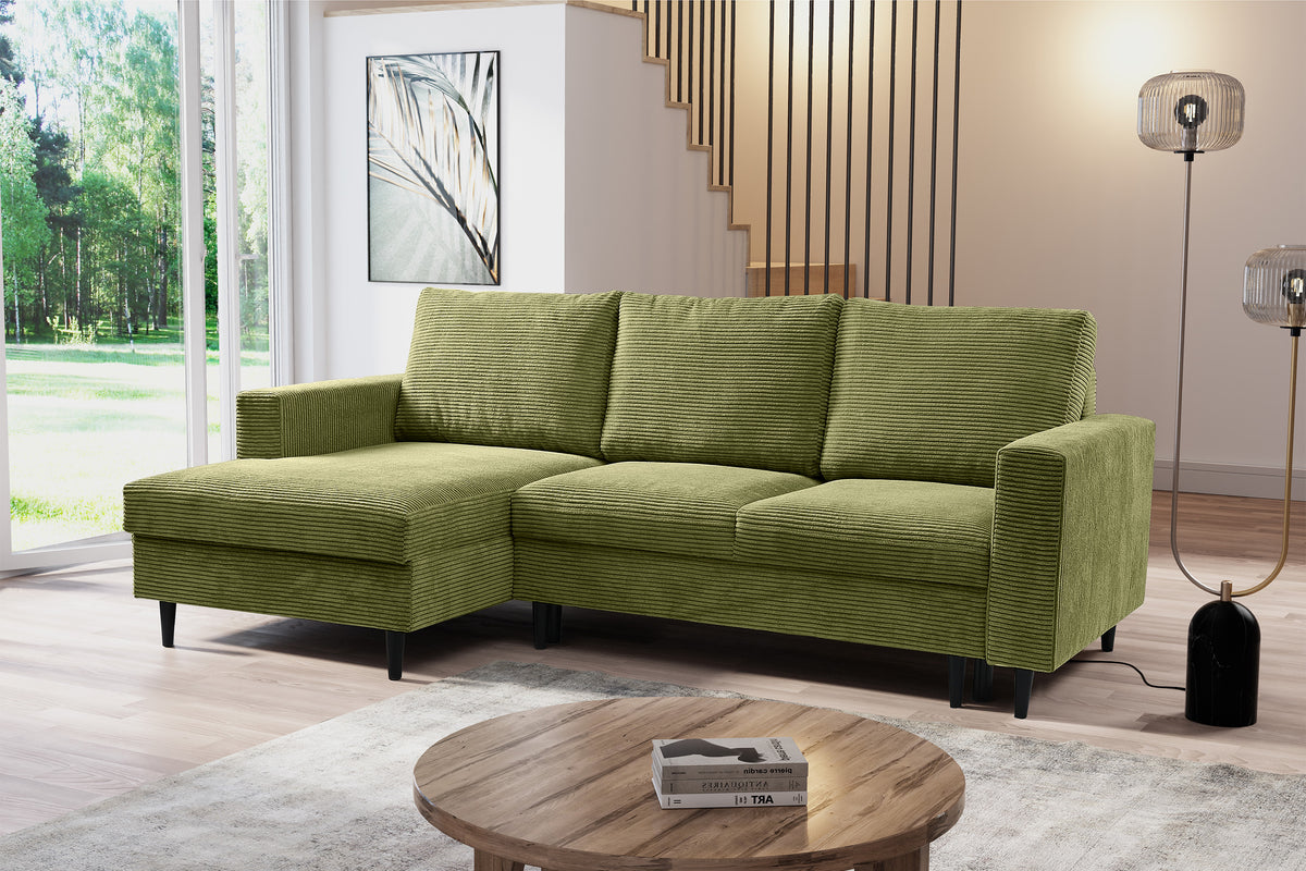Canapé d'angle avec fonction couchage Nalika en forme de L avec rangement, velours côtelé pistache, version gauche