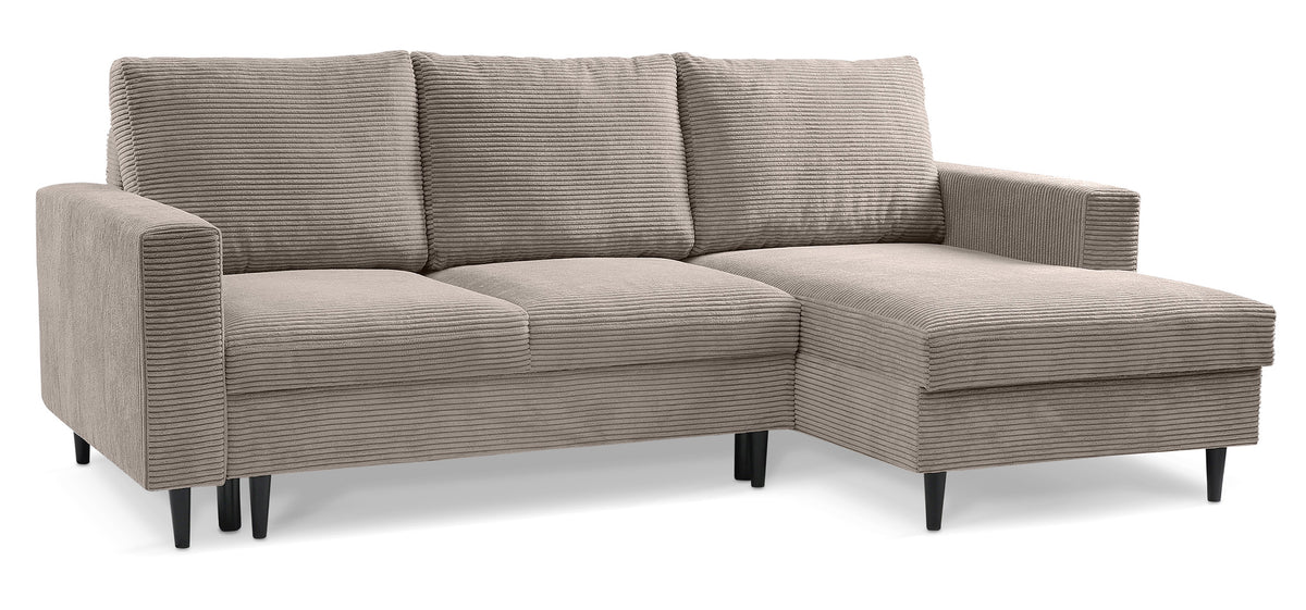 Ecksofa mit Schlaffunktion Nalika, L-förmig, mit Stauraum, beige Cord, rechtsseitig