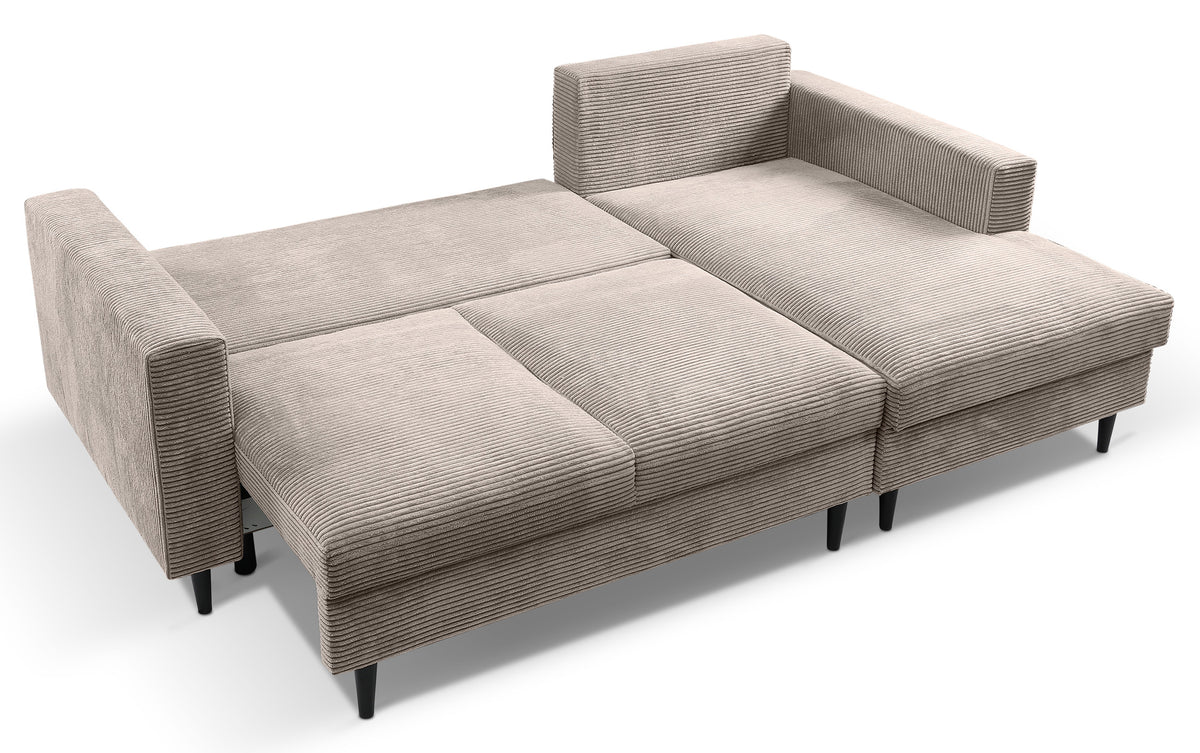 Ecksofa mit Schlaffunktion Nalika, L-förmig, mit Stauraum, beige Cord, rechtsseitig