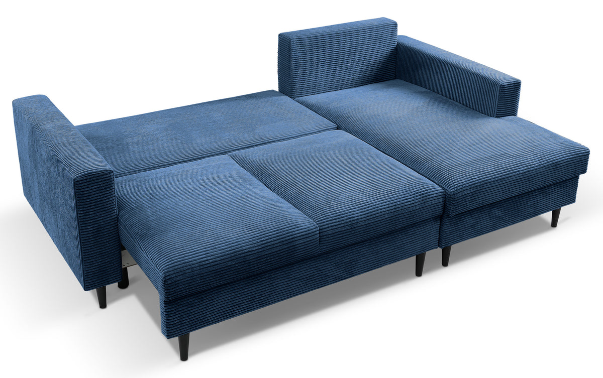 Ecksofa mit Schlaffunktion Nalika, L-förmig, mit Stauraum, marineblauer Cordstoff, rechtsseitig