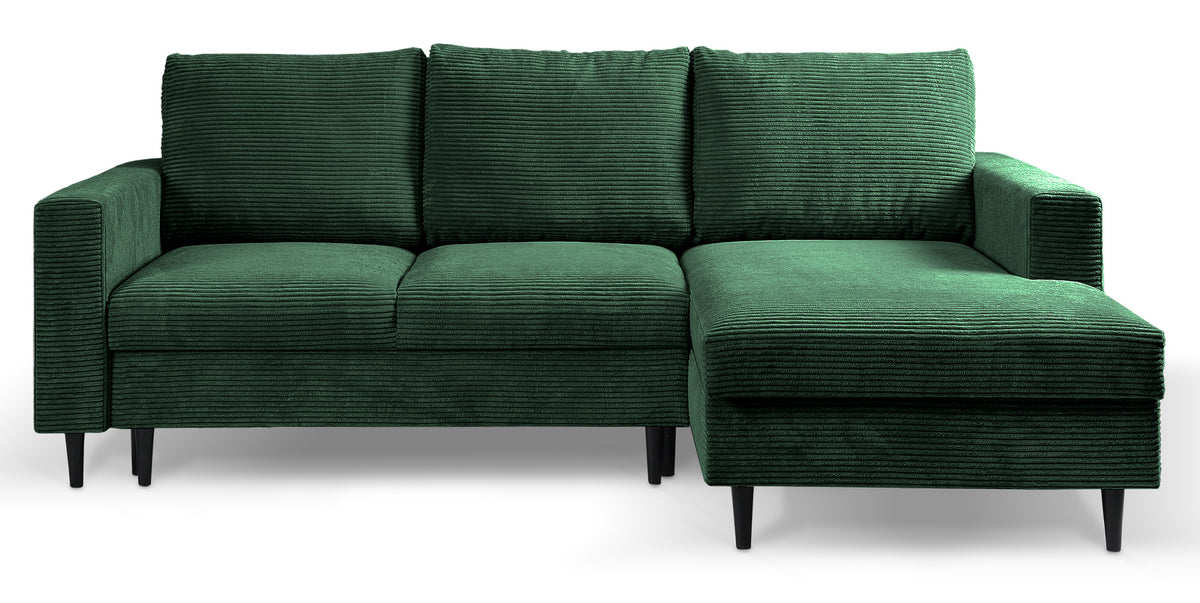 Canapé d'angle avec fonction couchage Nalika en velours côtelé vert foncé, version droite avec rangement