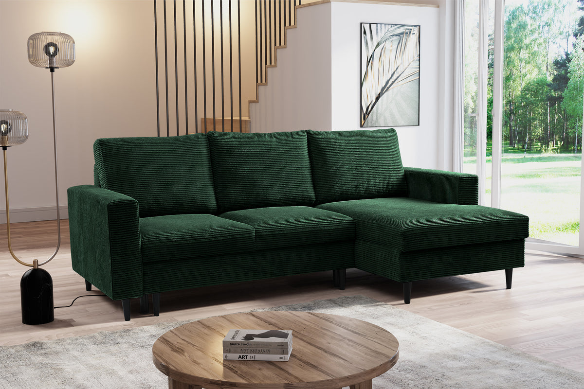 Canapé d'angle avec fonction couchage Nalika en velours côtelé vert foncé, version droite avec rangement