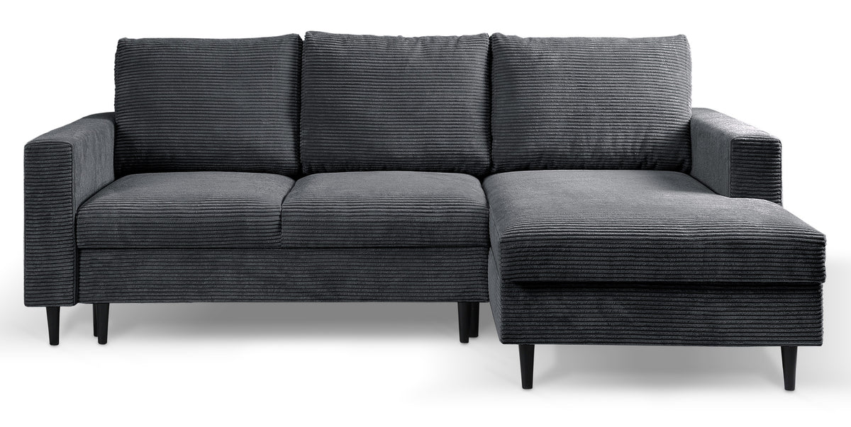 Canapé d'angle avec fonction couchage Nalika en velours côtelé gris foncé, coffre de rangement, angle droit
