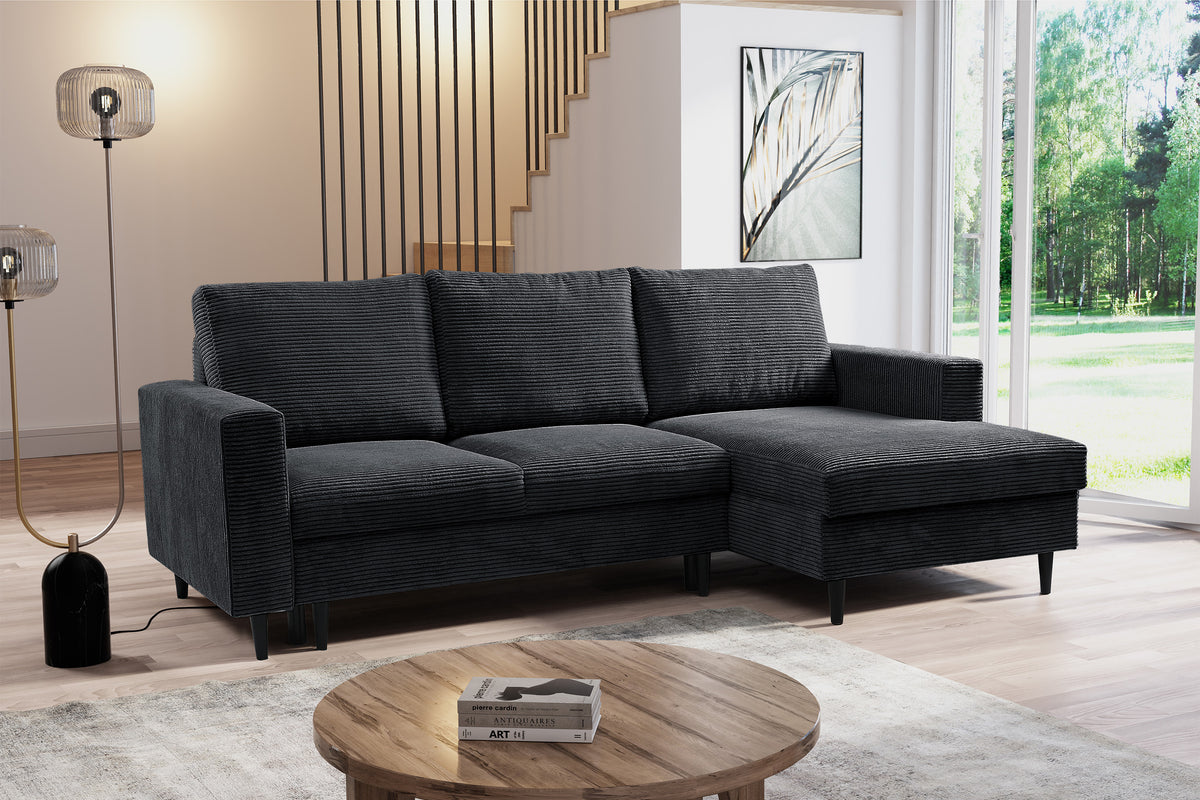Canapé d'angle avec fonction couchage Nalika en velours côtelé gris foncé, coffre de rangement, angle droit
