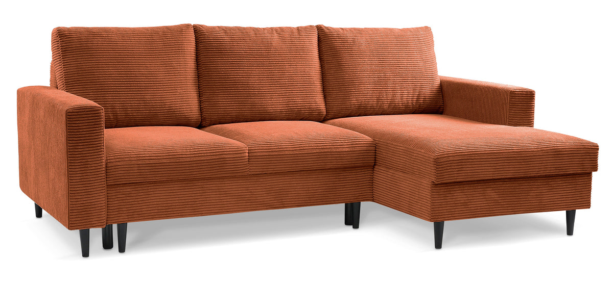Ecksofa mit Schlaffunktion Nalika, L-förmig, mit Stauraum, kupferfarbener Cordstoff, rechtsseitig