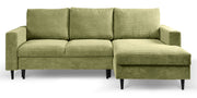 Canapé d'angle avec fonction couchage Nalika en velours côtelé pistache, coffre de rangement, orientation droite
