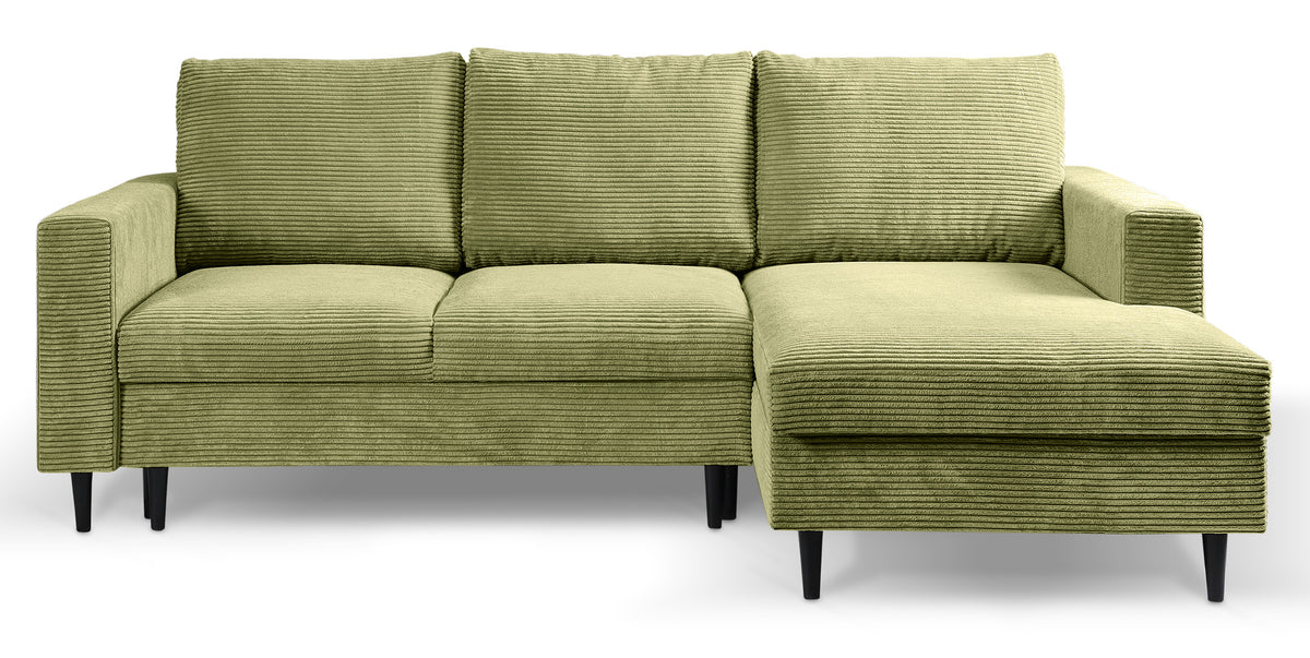 Canapé d'angle avec fonction couchage Nalika en velours côtelé pistache, coffre de rangement, orientation droite
