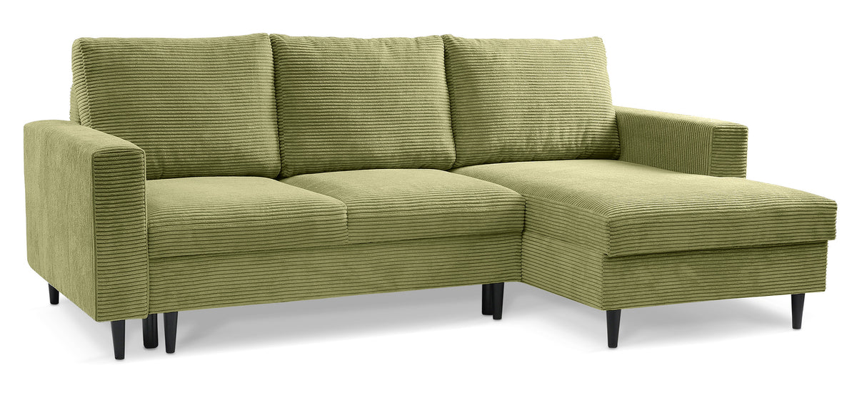 Canapé d'angle avec fonction couchage Nalika en velours côtelé pistache, coffre de rangement, orientation droite
