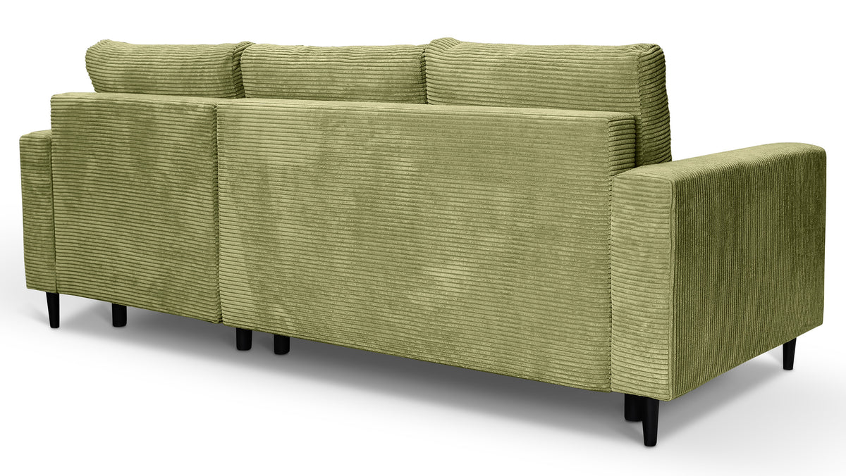 Canapé d'angle avec fonction couchage Nalika en velours côtelé pistache, coffre de rangement, orientation droite