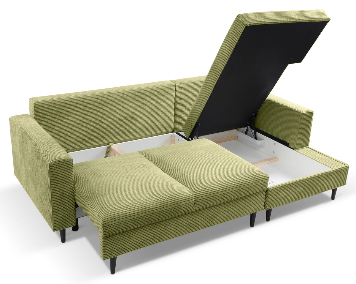 Canapé d'angle avec fonction couchage Nalika en velours côtelé pistache, coffre de rangement, orientation droite