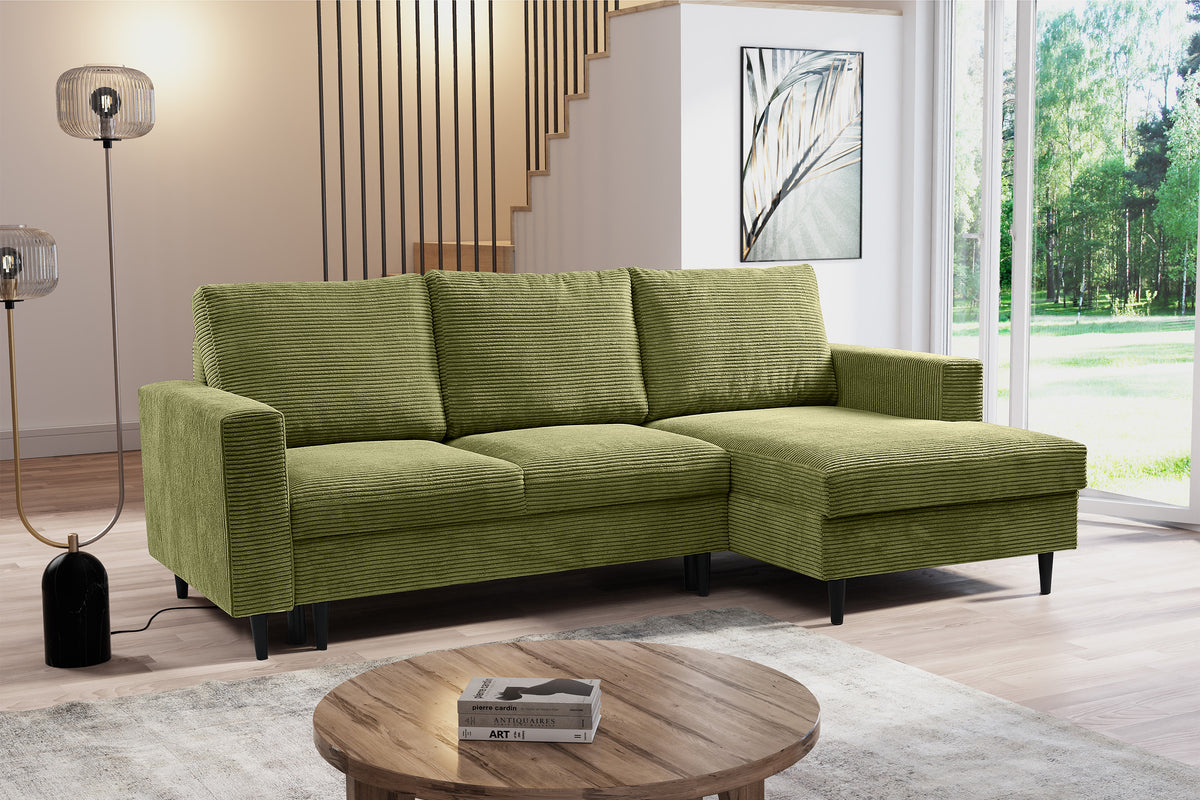 Canapé d'angle avec fonction couchage Nalika en velours côtelé pistache, coffre de rangement, orientation droite