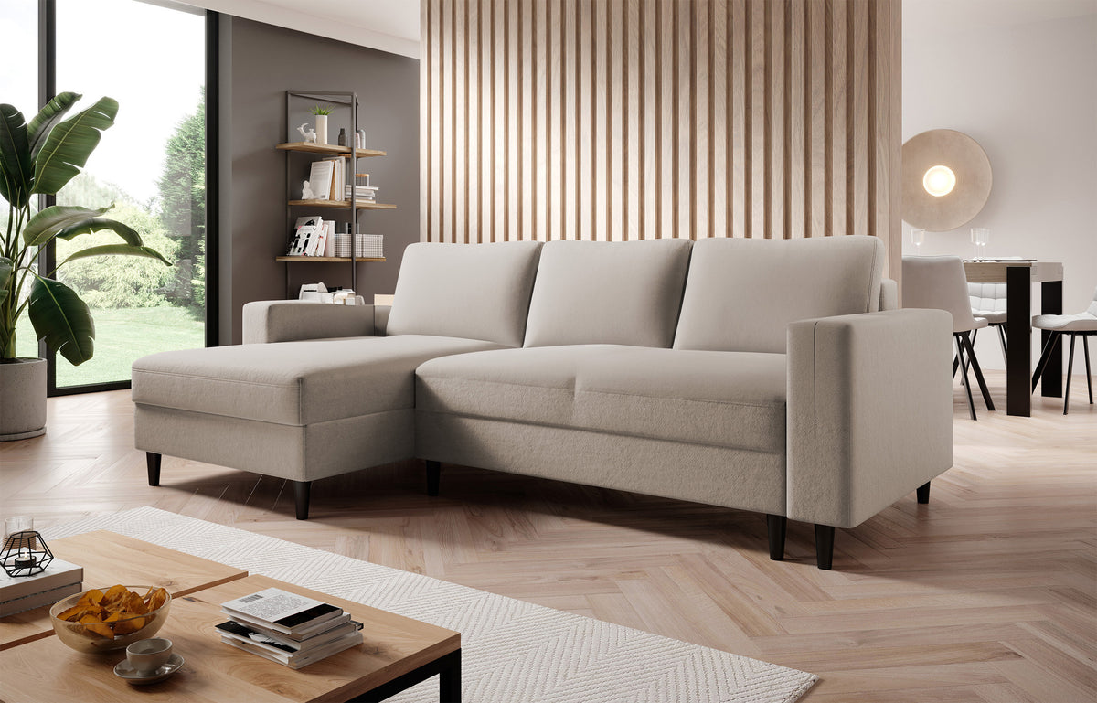 Ecksofa mit Schlafunktion Nalika, L-förmig, mit Stauraum, beige, hydrophober Samt, linksseitig
