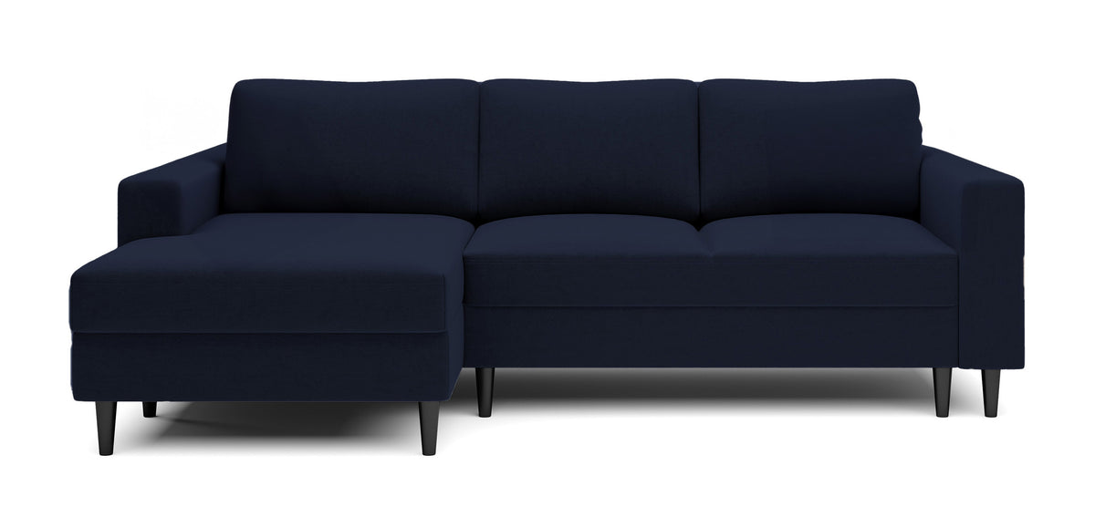 Canapé d'angle avec fonction couchage Nalika en velours hydrofuge bleu marine, rangement, configuration en L, côté gauche