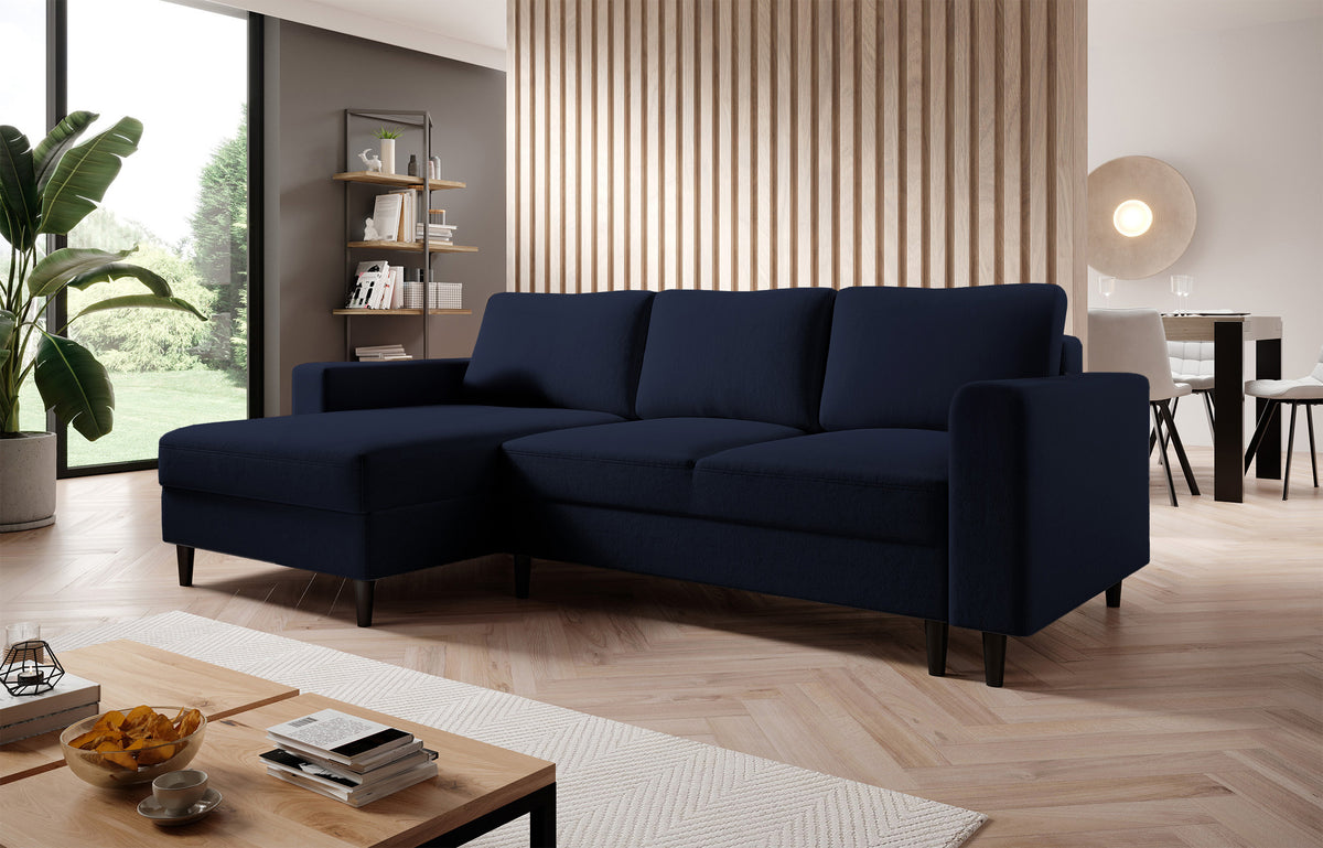 Canapé d'angle avec fonction couchage Nalika en velours hydrofuge bleu marine, rangement, configuration en L, côté gauche