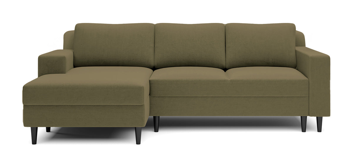 Canapé d'angle convertible Nalika en velours hydrofuge olive avec coffre, version gauche