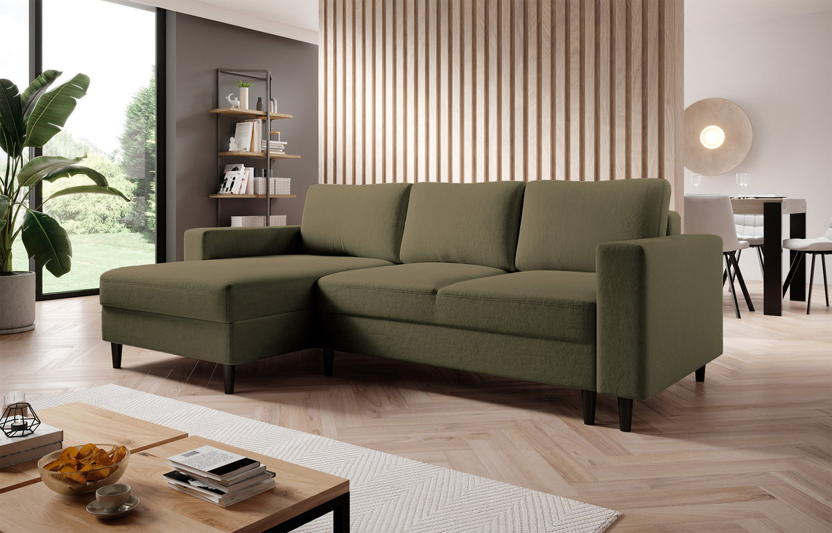 Canapé d'angle convertible Nalika en velours hydrofuge olive avec coffre, version gauche