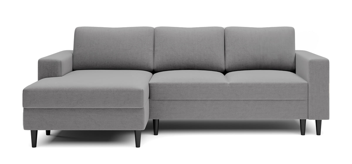Canapé d'angle convertible Nalika en velours hydrofuge gris avec coffre, modèle gauche