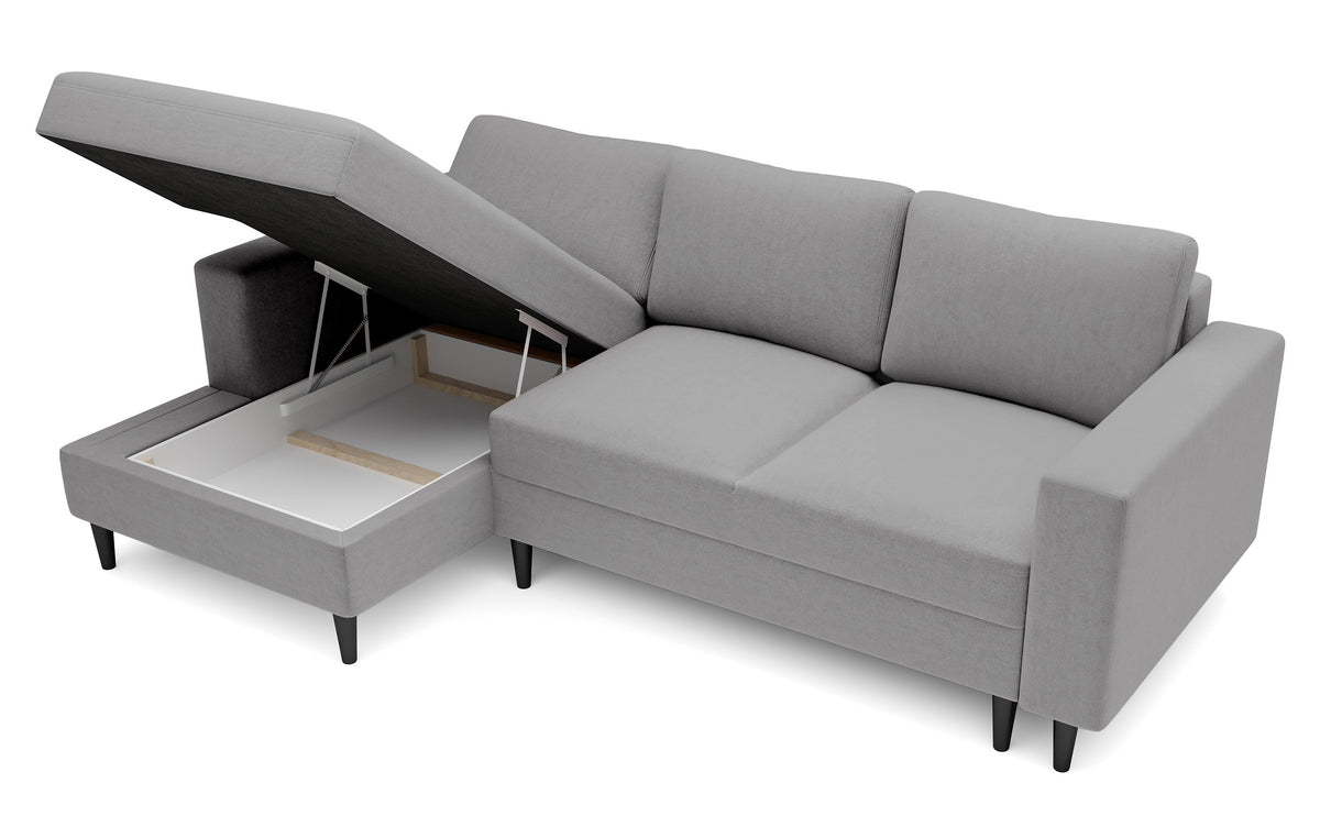 Ecksofa mit Schlafunktion Nalika, L-förmig, mit Stauraum, grauer hydrophober Samt, linksseitig