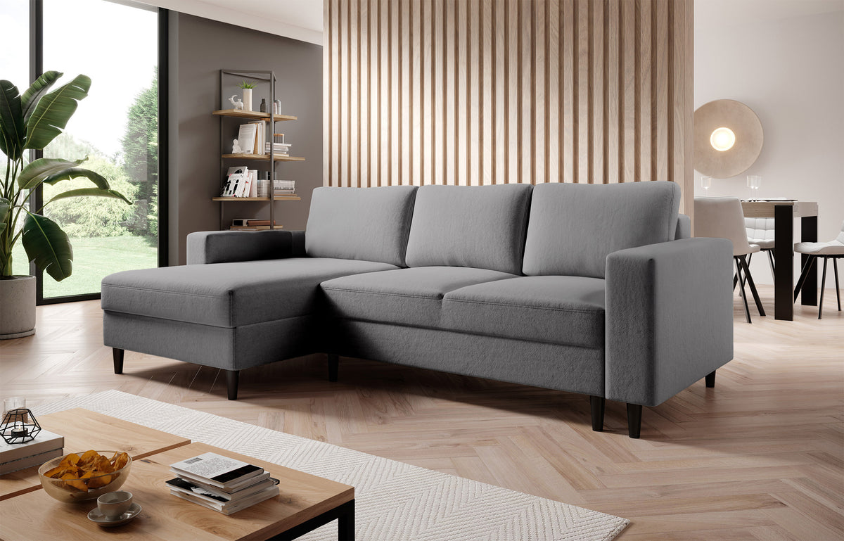 Canapé d'angle convertible Nalika en velours hydrofuge gris avec coffre, modèle gauche