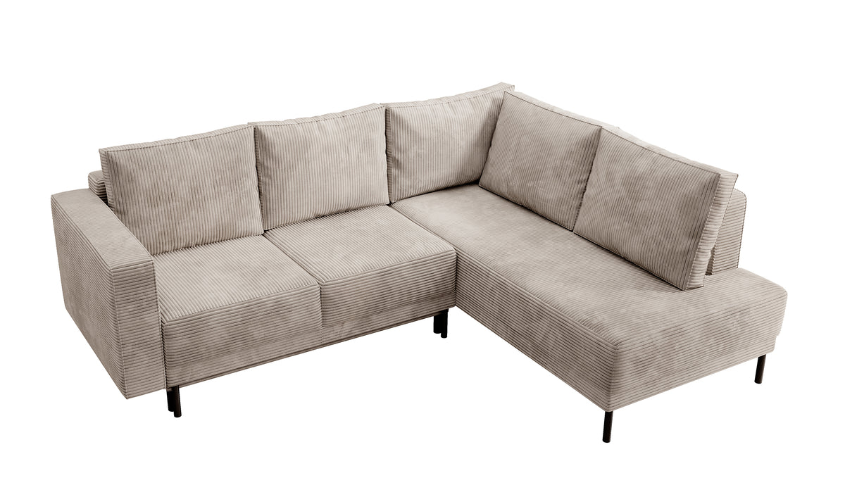 Canapé d'angle Rodario avec fonction couchage et coffre de rangement, velours côtelé beige foncé, orientation droite