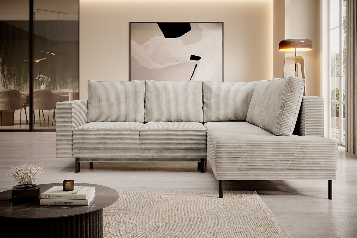 Canapé d'angle Rodario avec fonction couchage et coffre de rangement, velours côtelé beige foncé, orientation droite