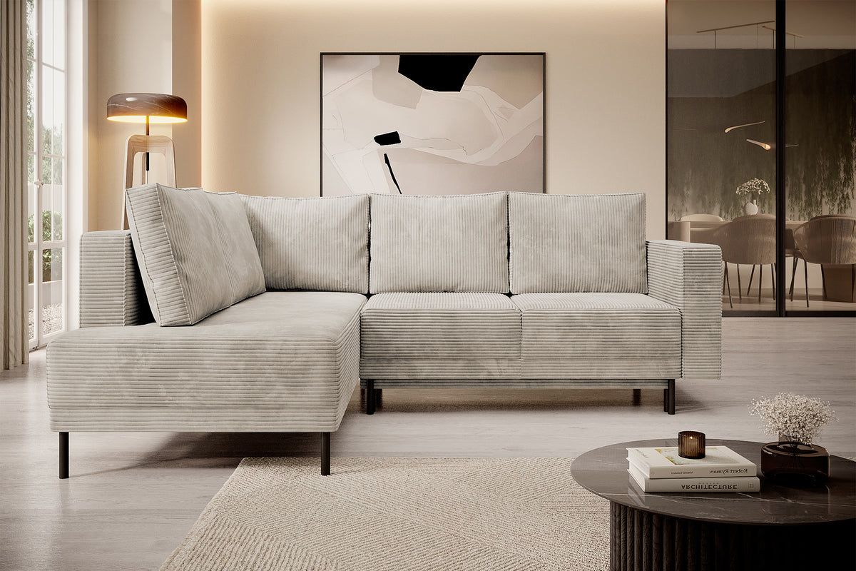 Canapé d'angle Rodario avec fonction couchage et coffre de rangement, velours côtelé beige foncé, orientation gauche