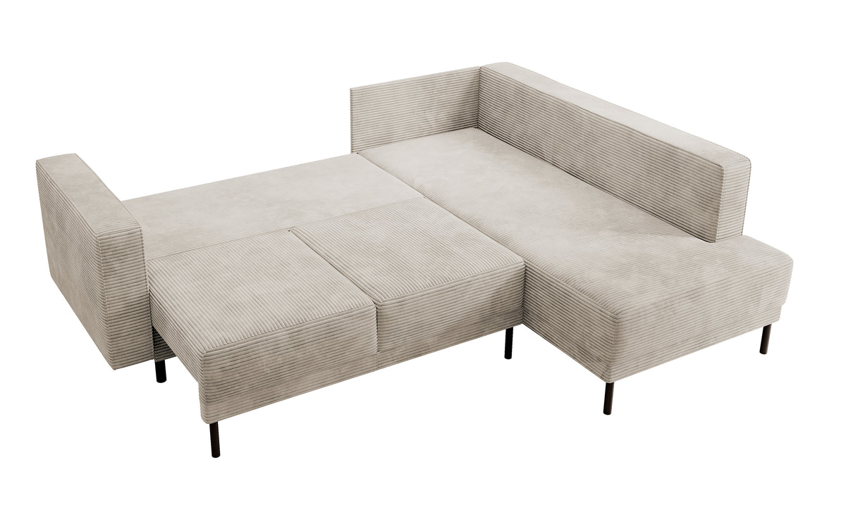 Canapé d'angle Rodario avec fonction couchage et coffre de rangement, velours côtelé beige foncé, orientation droite