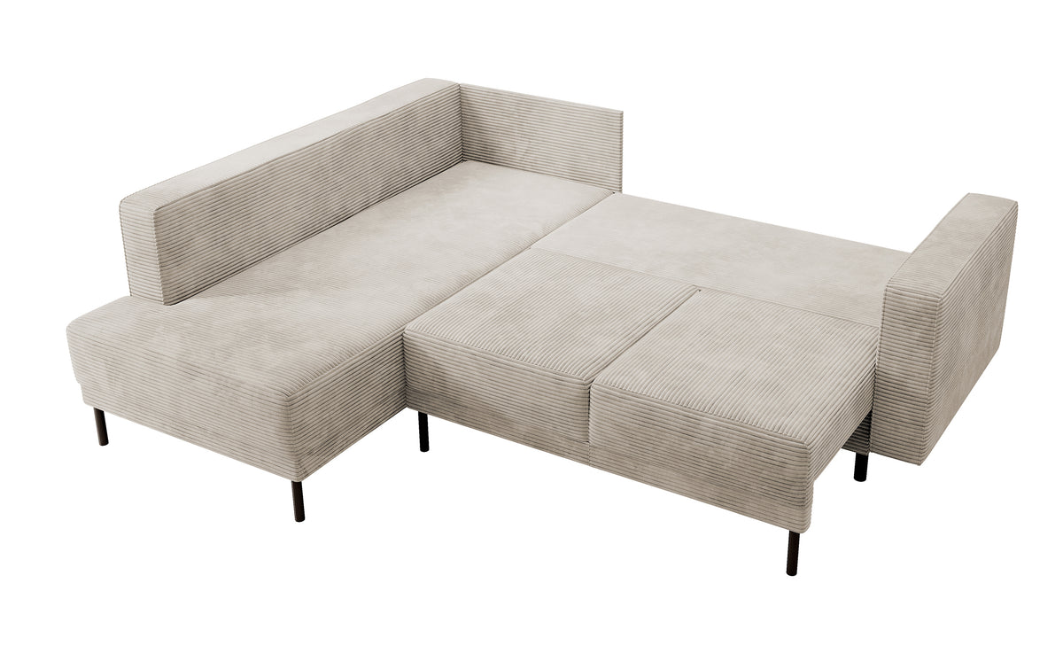 Canapé d'angle Rodario avec fonction couchage et coffre de rangement, velours côtelé beige foncé, orientation gauche