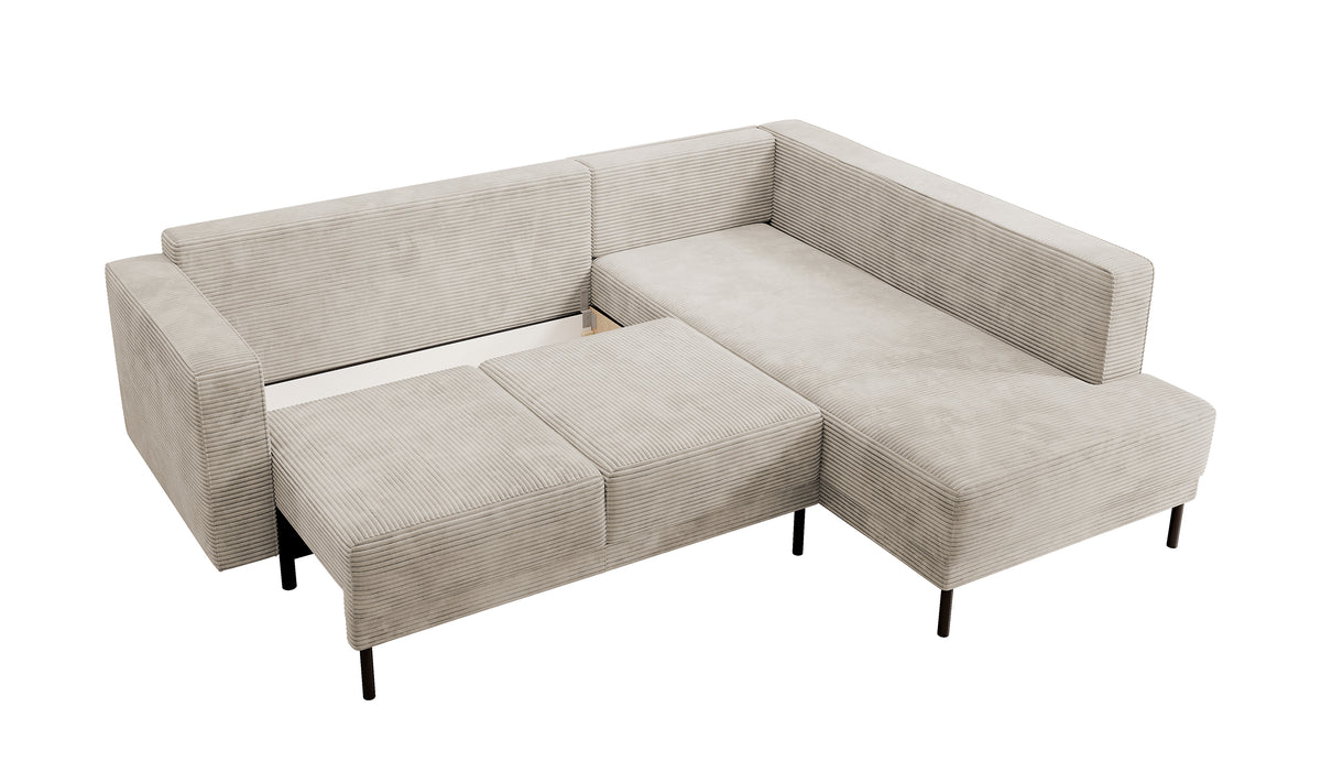 Canapé d'angle Rodario avec fonction couchage et coffre de rangement, velours côtelé beige foncé, orientation droite